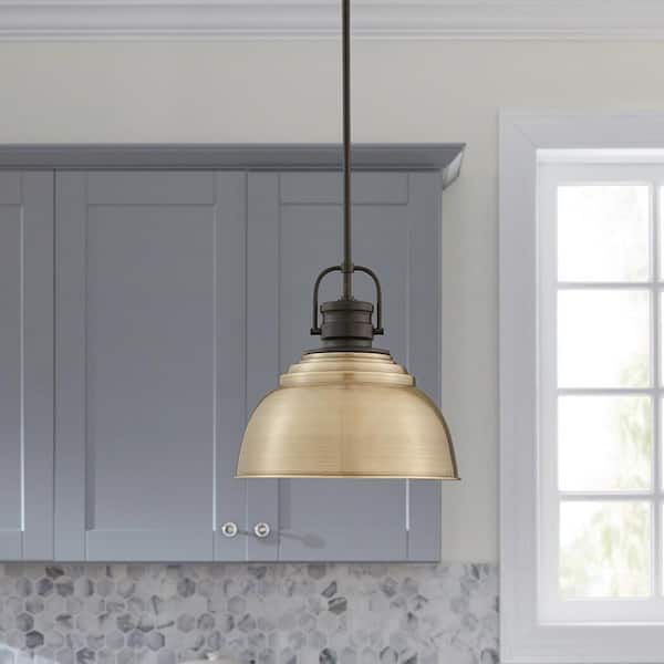 Shelston 13 in. 1-Light Antique Gold and Black Farmhouse Pendant Light Fixture with Metal Shade