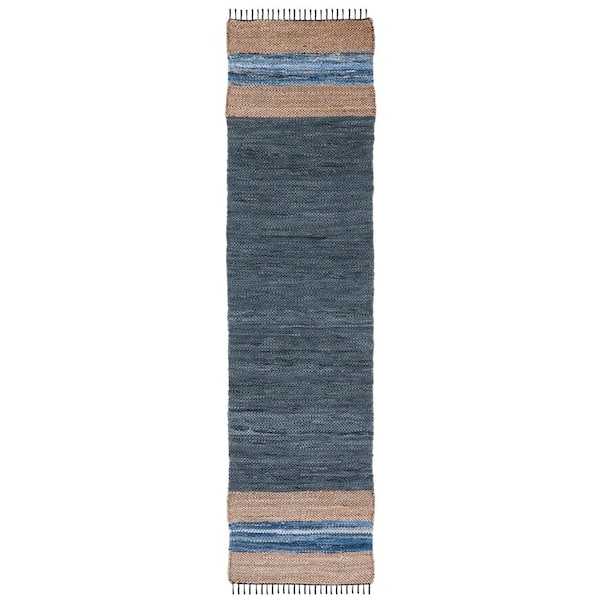 Vintage Leather 2 ft. x 8 ft. Blue/Natural Border Solid Color Runner Rug