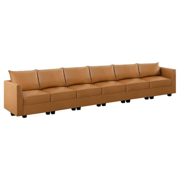 MAYKOOSH 164.38 in. Contemporary Faux Leather 6-Piece Upholstered Sectional Sofa Bed in Caramel