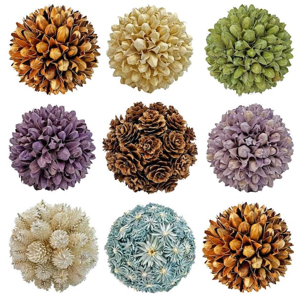 Multi-Colored Decorative Non Artificial Natural Preserved Topiary Balls Orbs Bowl Vase Filler (Set of 9)