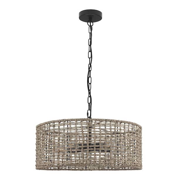 5 Lights Black Farmhouse Hand-Woven Rattan Shade Pendant Light