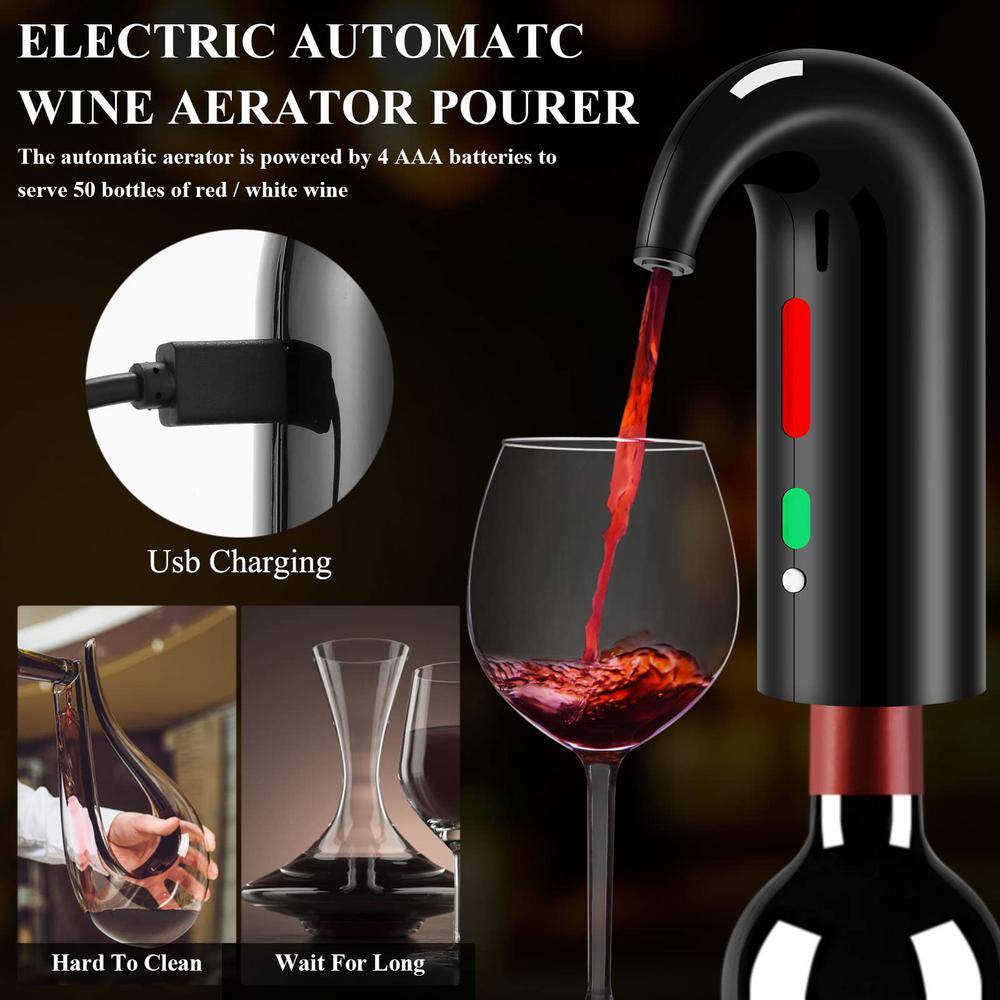 Black Electric Wine Bottle Opener Set with Decanter, Aerator, and Accessories