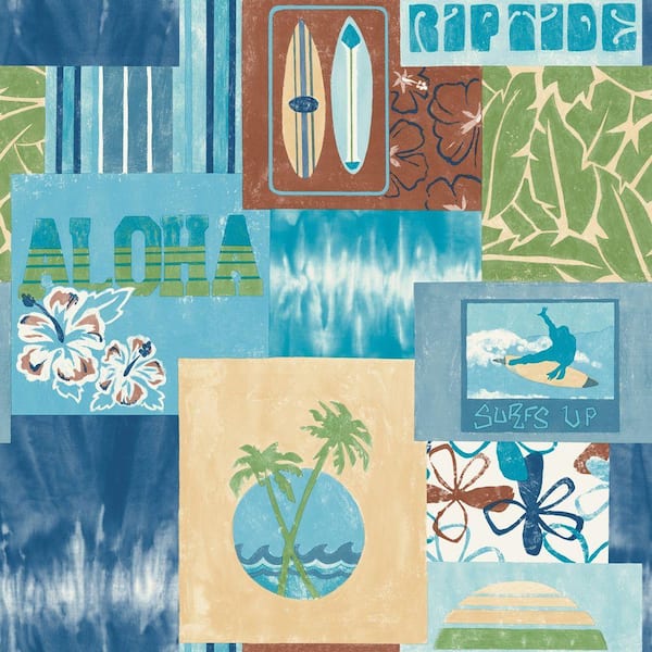 The Wallpaper Company 8 in. x 10 in. Blue and Green Surf'S Up Wallpaper Sample