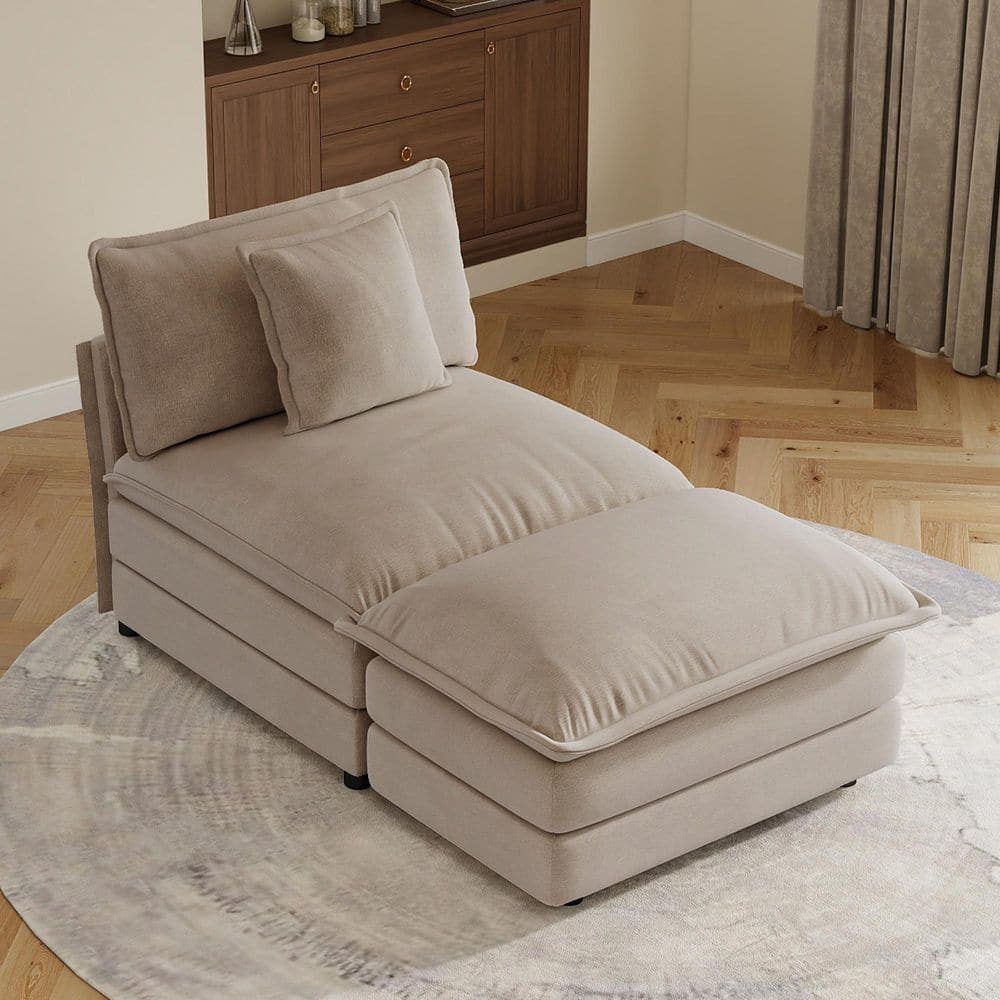 34.00 in. Modular Velvet Chaise Lounge, Armless Accent Cotton Sofa with 2 Pillows, Deep Seat Couch, Light Coffee