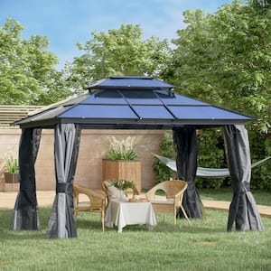 10 ft. x 12 ft. Hardtop Gazebo Canopy with Polycarbonate Double Roof, Aluminum Frame with Netting and Curtains for Patio