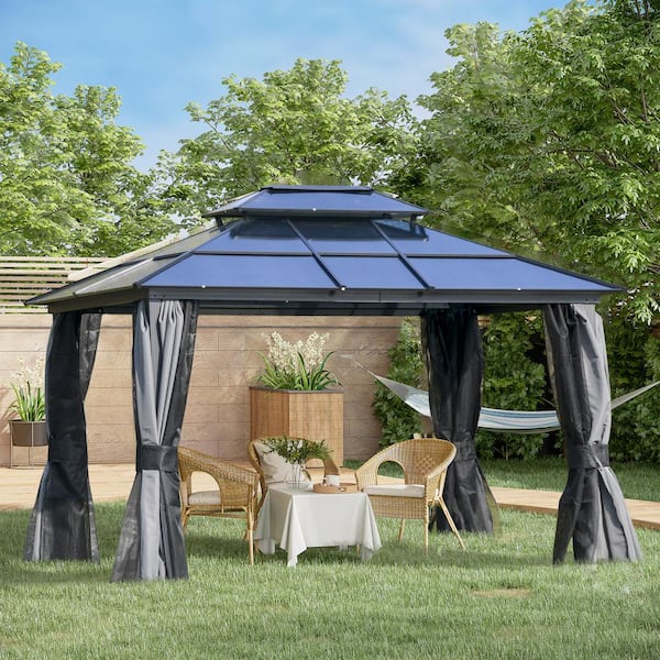 ToolCat 10 ft. x 12 ft. Hardtop Gazebo Canopy with Polycarbonate Double Roof, Aluminum Frame with Netting and Curtains for Patio