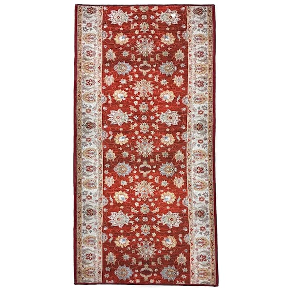 Runner Rug 2 ft. 2 in. x 10 ft. Red Flowers Design Low-Pile Non-Slip Hallway Kitchen Runner Rug