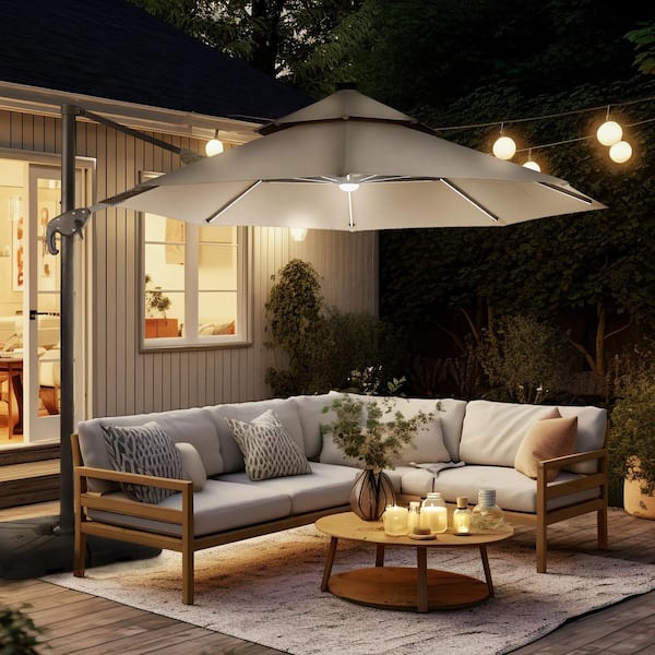 Maxy 10 ft. Steel Roma Cantilever Solar LED Strip Tilt 360 Patio Umbrella in Beige