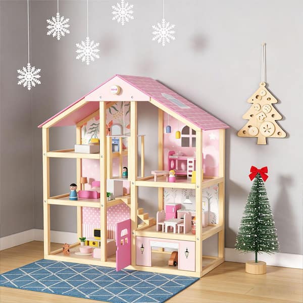 Modern Dollhouse Series Bounce House Dollhouse with Elevator, 5 Rooms, Garage, 4 Dolls and 39PC Furniture Set