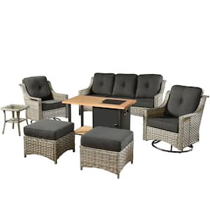 Denver 7-Piece Wicker Outdoor Patio Conversation Sofa Set with Swivel Chairs, a Storage Fire Pit and Black Cushions