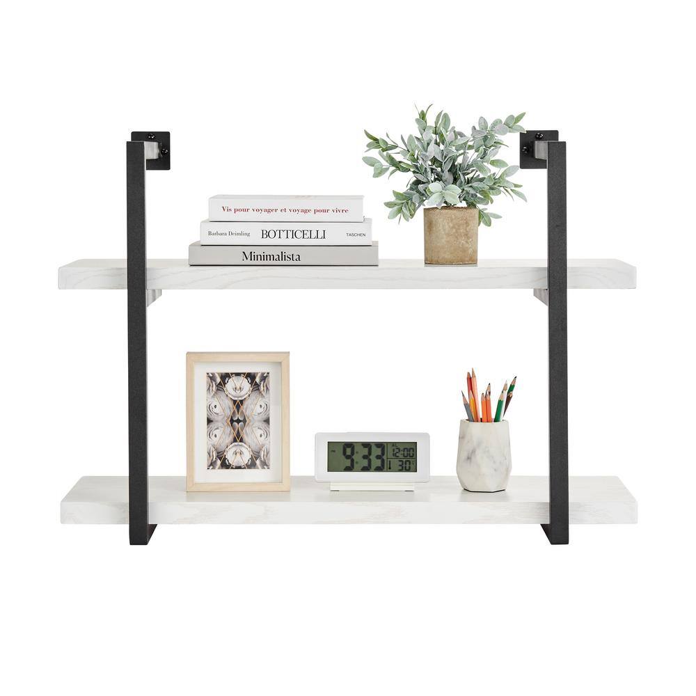 White Birch and Black Iron 2-Tier Floating Wall Shelf