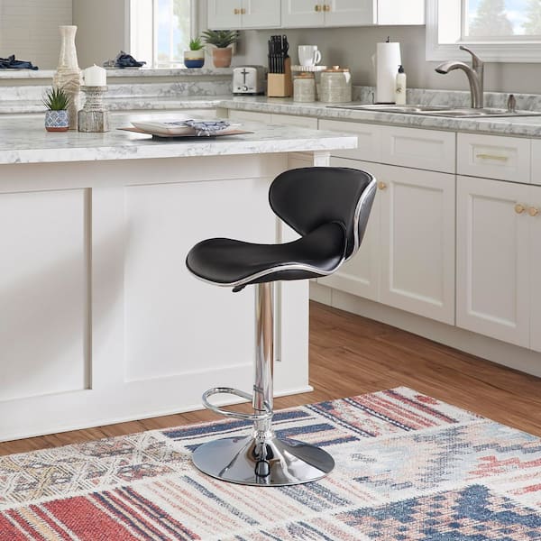 Bao Adjustable 41.88 in. H Black and Chrome Low Back Metal Bar Stool with Faux Leather Seat