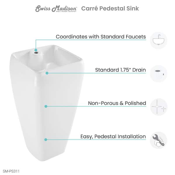 Carre Glossy, White Ceramic Square Pedestal Sink