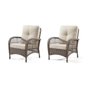 Wicker Outdoor Lounge Chair with Beige Cushion, Ergonomically Designed (2-Pack)