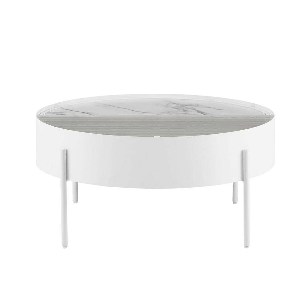 White Calacatta Marble Round Coffee Table with Fluted Glass