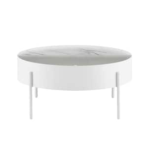 33 in. White/Faux Calcutta Marble Fluted Glass Round Metal Drum Modern Coffee Table with Storage