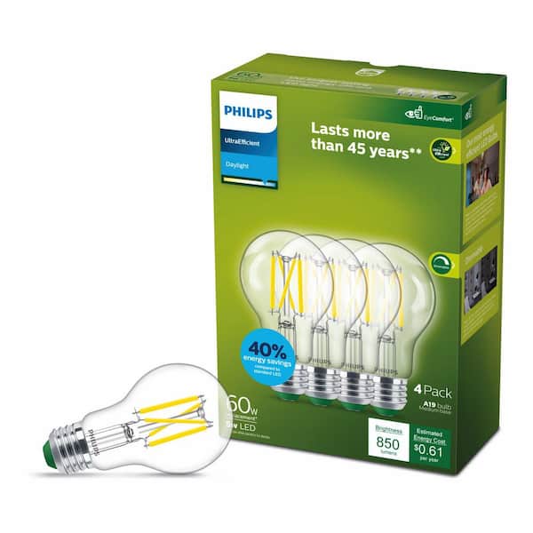 Philips 60-Watt Equivalent A19 Ultra Efficient Clear LED Light Bulb 5000K 4-Pack