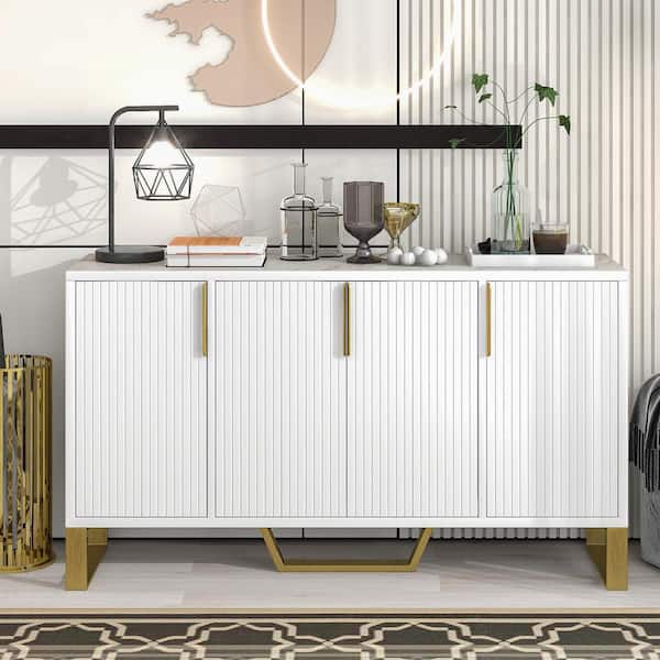 Harper & Bright Designs White Wood 60 in. W Sideboard with Adjustable Shelves, Metal Handles and Metal Legs