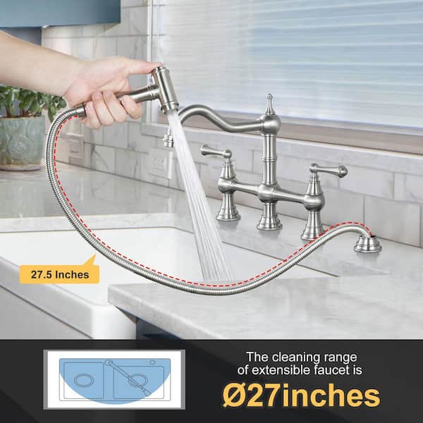 WOWOW Classic Double-Handle Bridge Kitchen Faucet with Side