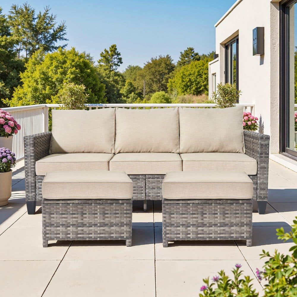 Audrey Gray 3-Seat Wicker Outdoor Lounge Chair Patio Seating Set with Beige Cushion and Ottomans for Patio, Deck, Garden price history on PriceWatchPro