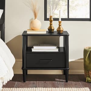 1-Drawer Black Solid Wood Transitional Storage Nightstand with Tapered Legs