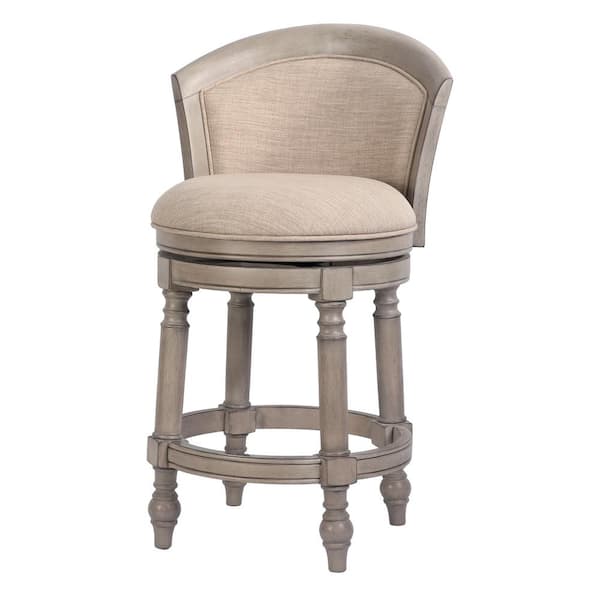 NewRidge Home Goods Emily 26in. Wood Barrel-Back Counter-Height Swivel Bar Stool, Grey with Linen Upholstered Seat and Back