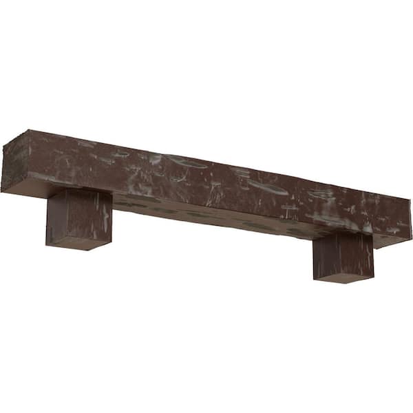 Ekena Millwork 4 in. x 4 in. x 4 ft. Pecky Cypress Faux Wood Fireplace Mantel Kit, Alamo Corbels, Aged Pecan