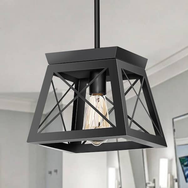 YANSUN 1-Light Matte Black Pendant with Geometric Metal Cage