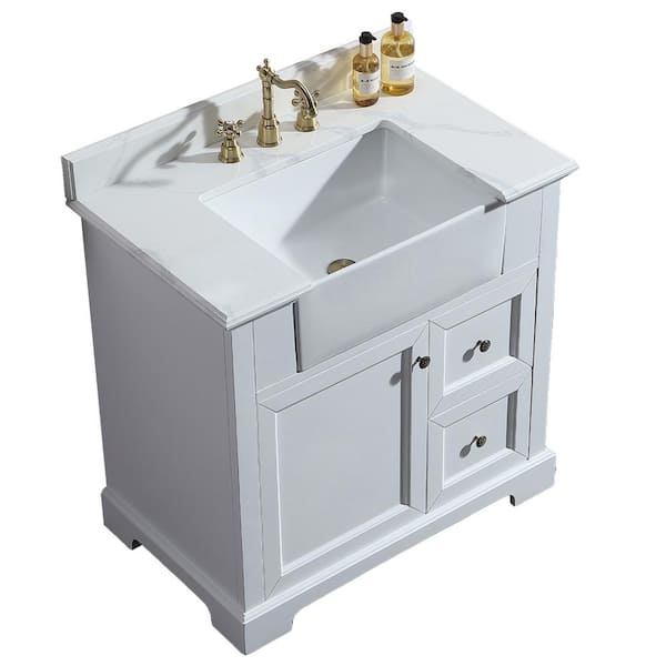 INSTER ANTIQUE 36 in. W x 22 in. D x 35 in. H Single Sink Solid Wood Bath Vanity in White with White Quartz Stone Top