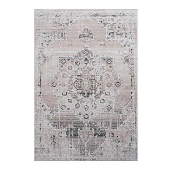 LOOM & LUXE Collection 5 ft. x 7.5 ft. Cream Medallion Non-Shedding Stylish and Stain Resistant Area Rug