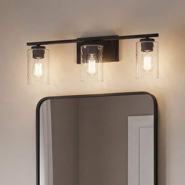 24 in. W x 8.63 in. H 3-Light Matte Black Bathroom Vanity Light with Clear Cylinder Glass Shades