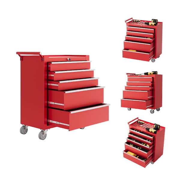 24 in Red Cold Rolled Plate Portable Lockable Rolling Tool Chest with 5 Drawers, Casters & Drawer Liners
