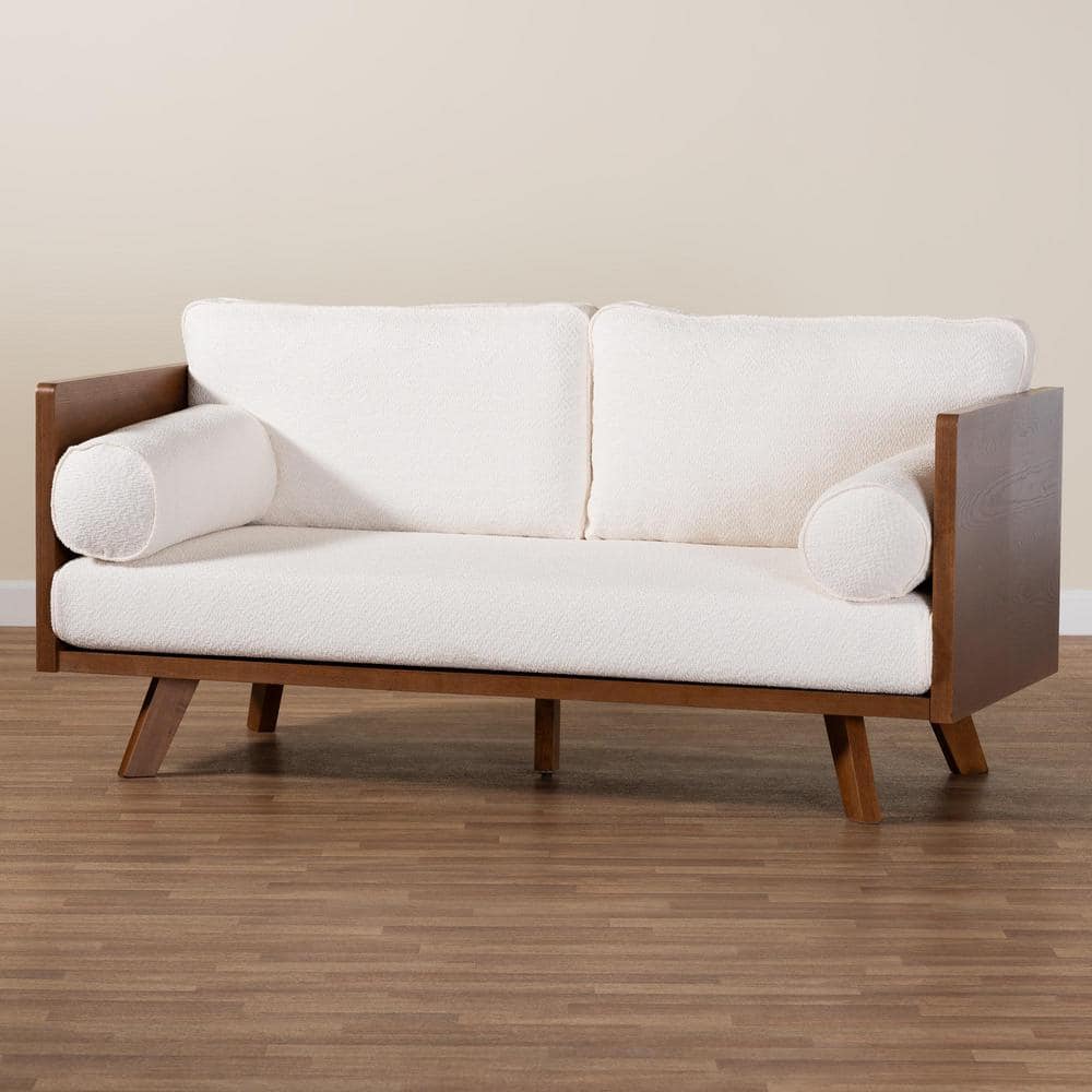 Mid-Century Modern Cream Boucle Fabric 2-Seat Sofa with Wood Frame