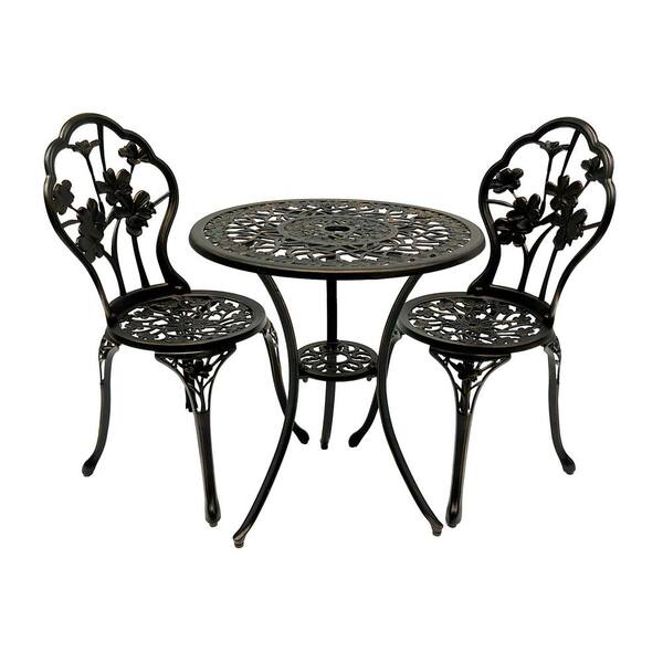 Kinger Home Hibiscus 3Piece Patio Bistro Table Set Cast Aluminum in Oil Rubbed Bronze Brown PBS