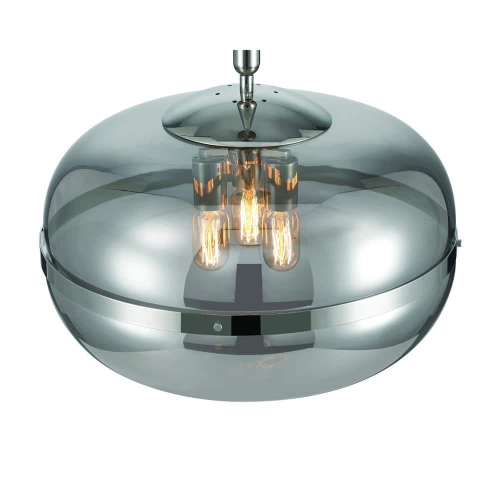 Polished Nickel 3-Light Pendant with Smoke Glass Shade