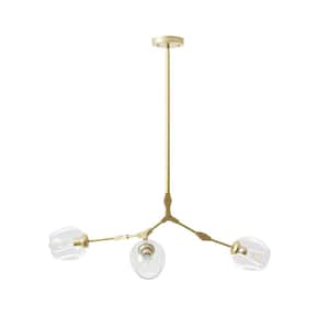 3-Light Clear Modern Linear Chandelier with Gold Adjustable Arms and Glass Shades