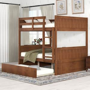 Walnut Full Over Full Bunk Bed for Kids Teens, Detachable Wood Full Bunk Bed Frame with Twin Size Trundle