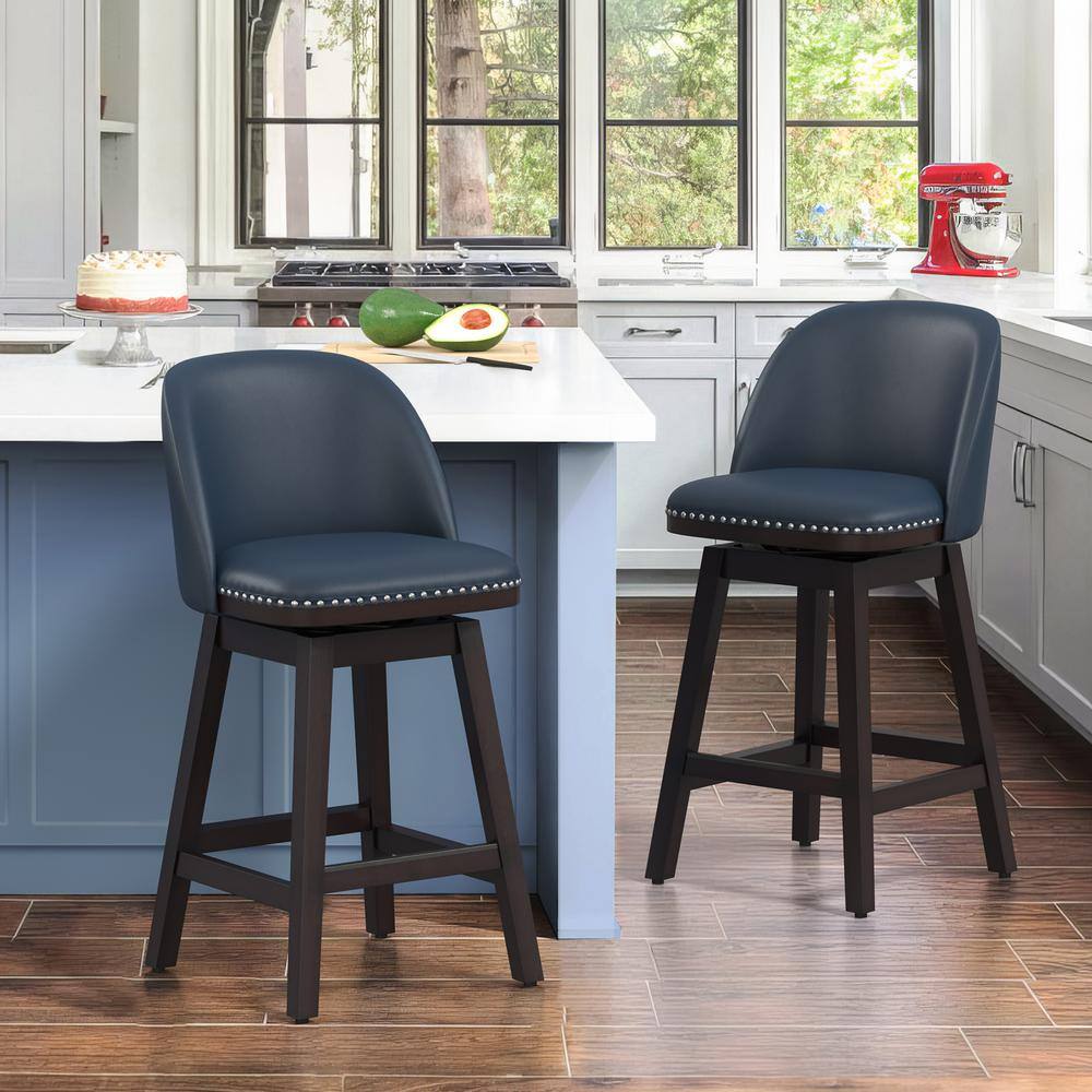 Navy Blue Wood Frame Swivel Counter Stools with Faux Leather, Set of 2