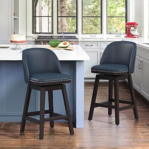 26 in. Navy Blue Wood Frame Swivel Cushioned Bar Stool with Faux Leather, Swivel Counter Stool (Set of 2)