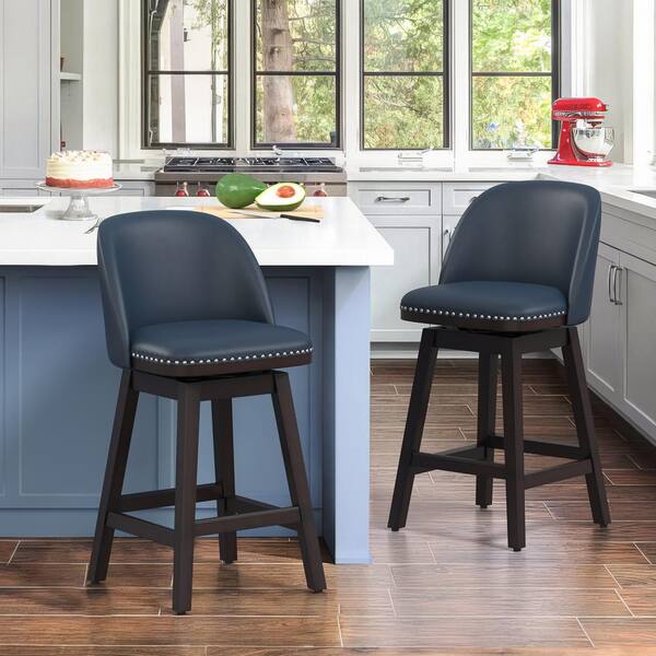 OrangeOne 26 in. Navy Blue Wood Frame Swivel Cushioned Bar Stool with Faux Leather, Swivel Counter Stool (Set of 2)