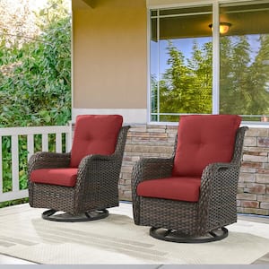 Earlo Brown Wicker PE Rattan Outdoor Swivel Rocker Patio Chairs with Olefin Red Cushions (2-Pack)