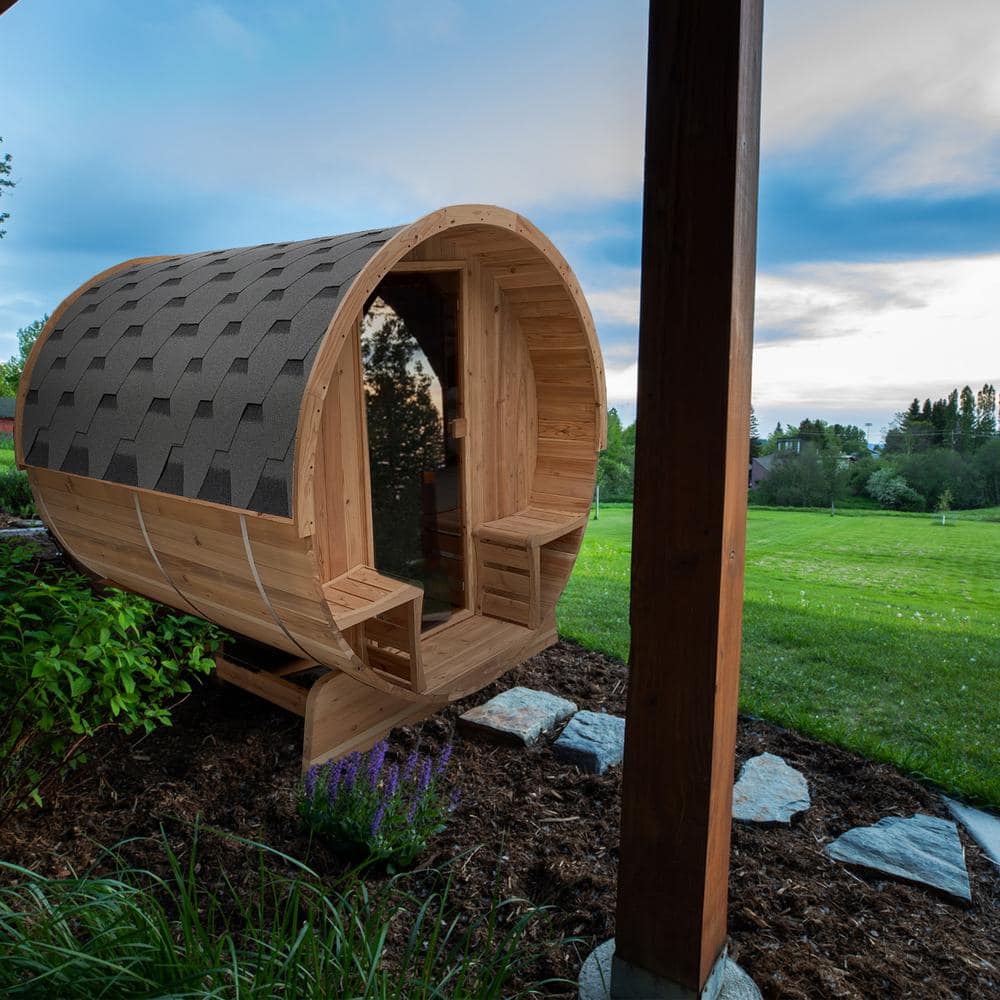 Natural Cedar 4-Person Outdoor Barrel Sauna with 4.5 kW Heater