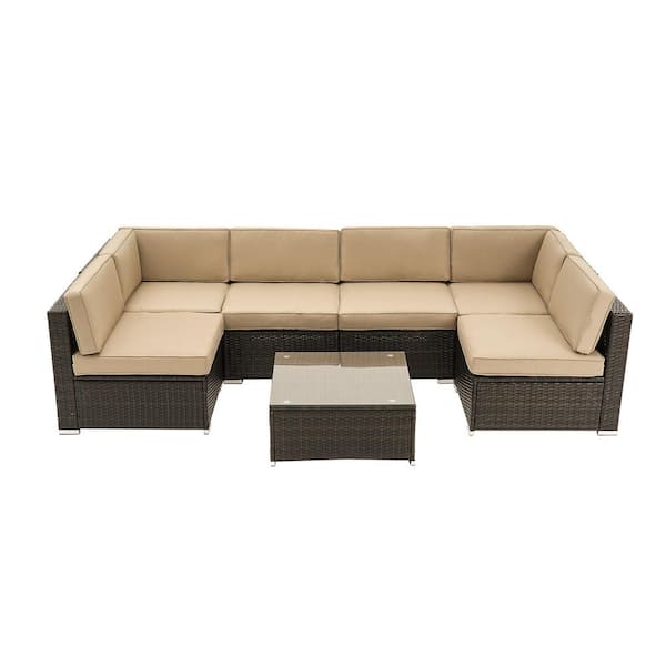 WELLFOR 7-Piece Wicker Outdoor Patio Conversation Set with Tan Cushions