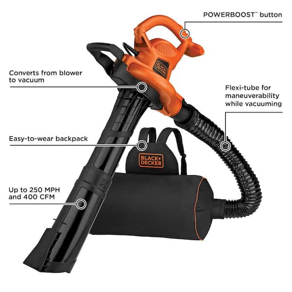 12 AMP 250 MPH 400 CFM Corded Electric 3-In-1 Backpack Leaf Blower, Vacuum, Mulcher with Leaf Collection Attachment