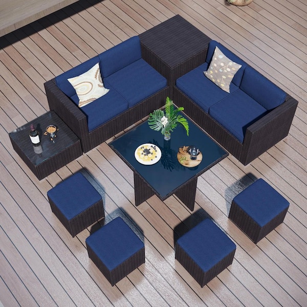 Black Rattan Wicker 8 Seat 9-Piece Steel Outdoor Patio Sectional Set with Blue Cushions,Coffee Table and Storage Box