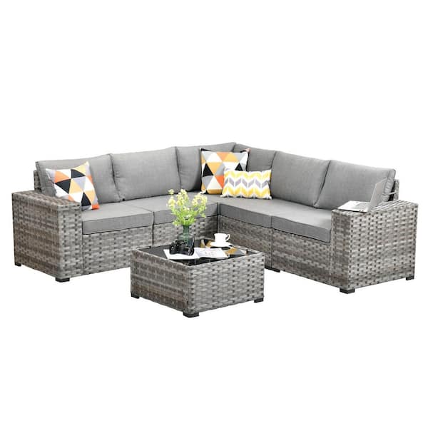 Rouge 6-Piece Wicker Outdoor Sectional Furniture Patio Conversation Sofa Set with a Table and Grey Cushions