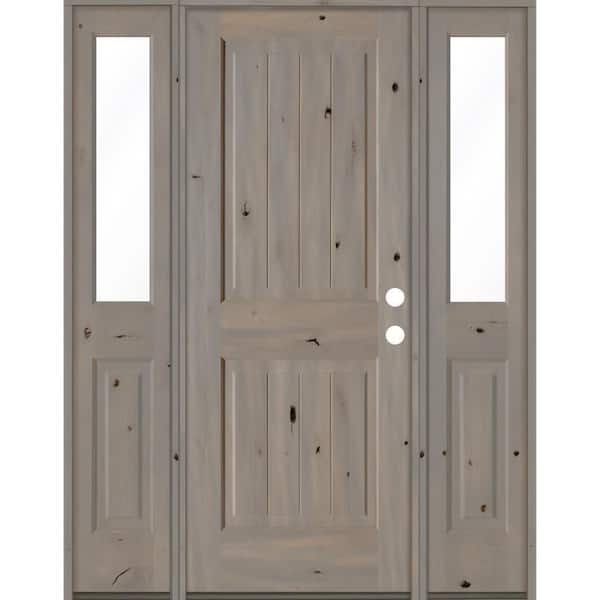 Krosswood Doors 60 in. x 80 in. Rustic Knotty Alder Square Top Left-Hand/Inswing Clear Glass Grey Stain Wood Prehung Front Door w/DHSL