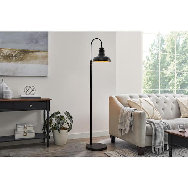 Elmcroft 72 in. Matte Black Farmhouse 1-Light Plug-In Floor Lamp for Outdoors with Metal Bell-Shaped Shade