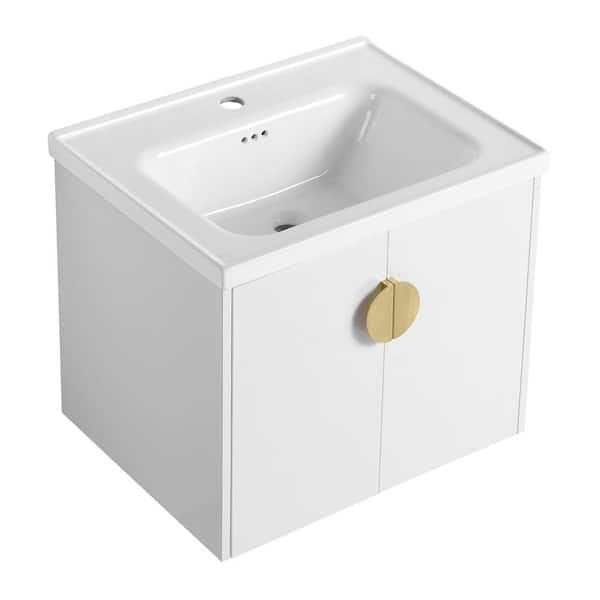 FUNKOL 18.50 in. W x 23.8 in. D x 20.7 in. H Floating Wall-Mounted Bathroom Vanity in White with White Ceramic Top and 1 Sink