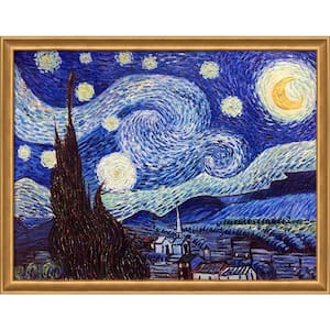Starry Night by Vincent Van Gogh Muted Gold Glow Framed Astronomy Oil Painting Art Print 40 in. x 52 in.